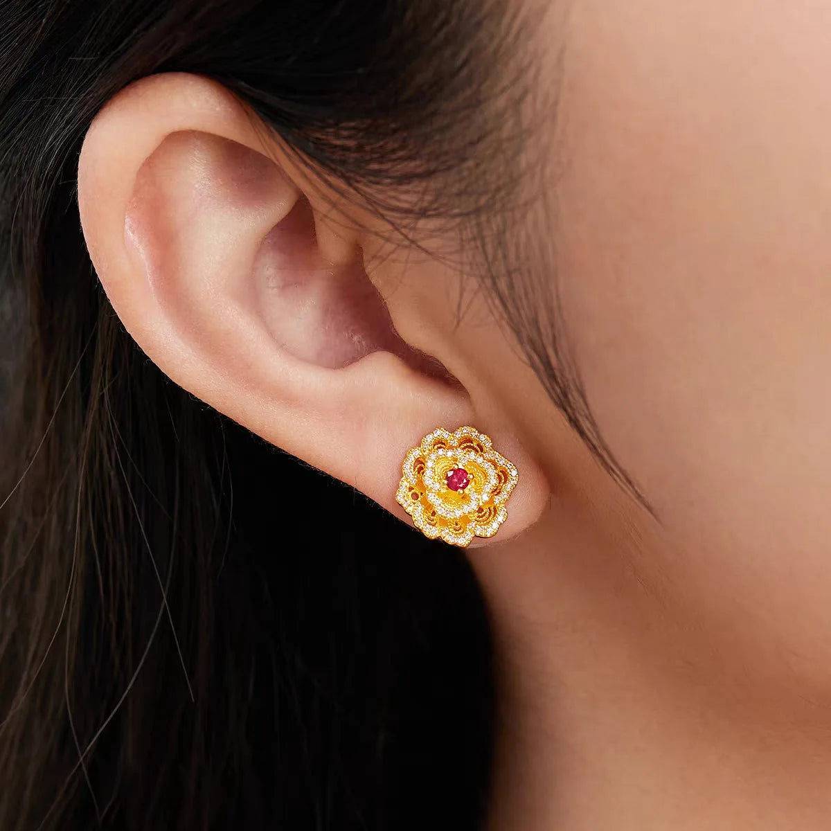 Real Kt18 Gold Color Diamond Peony Pendant Necklace for Women Lover Valentine's Day Birthday Chain Earring Jewelry Sets Gifts