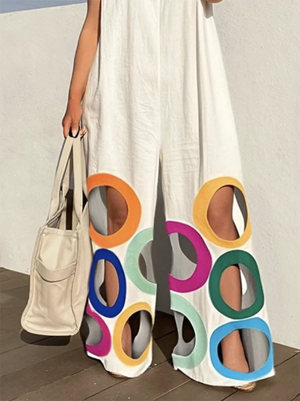 Yeezzi Women Fashion Rainbow Hollow Wide Leg Jumpsuits 2026 New Summer Sleeveless Loose Urban Office Overalls With Shoulder Pad