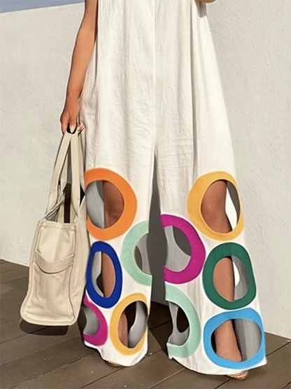 Yeezzi Women Fashion Rainbow Hollow Wide Leg Jumpsuits 2026 New Summer Sleeveless Loose Urban Office Overalls With Shoulder Pad