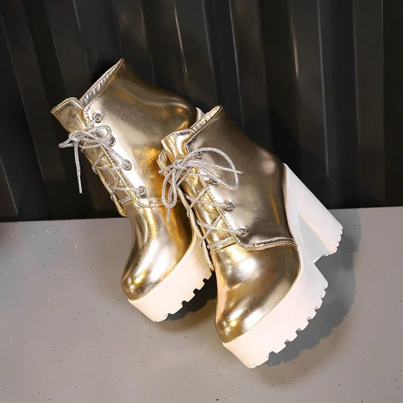 British Silver Gold Ankle Boots Women High Chunky Heels Dress Lady Round Toe Lace-up Spring Autumn Vintage Platform Short Boots