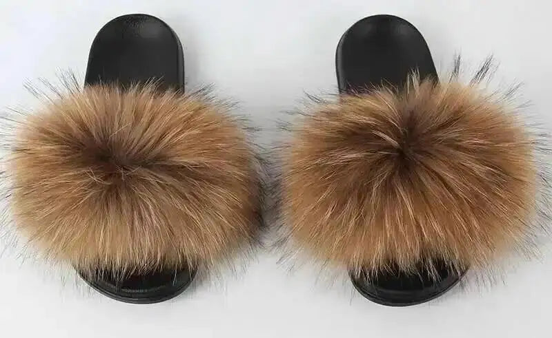 Real Raccoon Fur Slippers For Women 2026 Summer Fluffy Indoor House Fuzzy Flat Slides Outdoor Fashion Beach Sandals Flip Flops