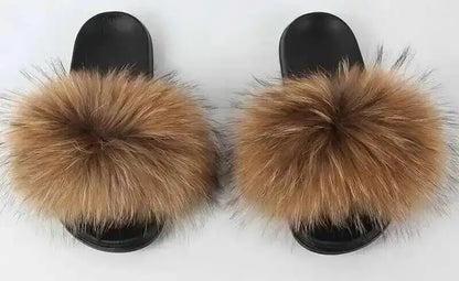 Real Raccoon Fur Slippers For Women 2026 Summer Fluffy Indoor House Fuzzy Flat Slides Outdoor Fashion Beach Sandals Flip Flops