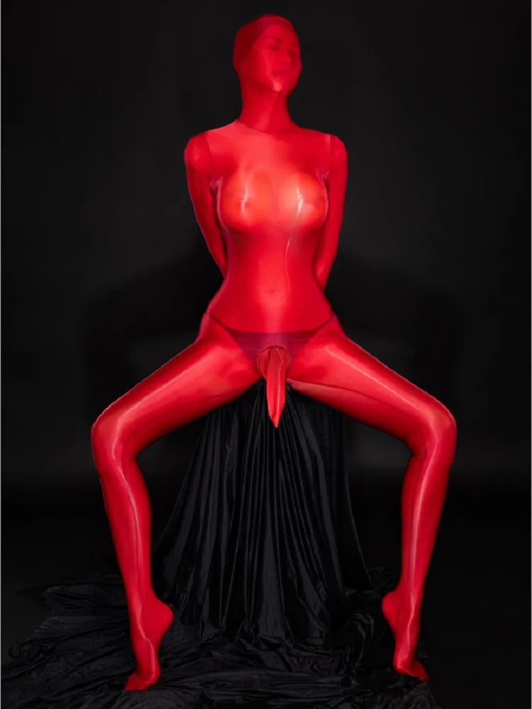 Zipper Open Full Body Catsuit with JJ Pouch Thin Sheath Transparent Body-stocking Unisex Sheer Bodysuit Sexy Lingerie Jumpsuit