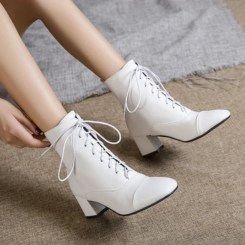 Sexy Ankle Boots For Women Winter Shoes Custom Black White High Heels Lace Up Short Boot Autumn Pumps Large Size 43 WSH5218