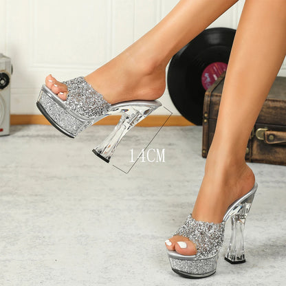 Women Slippers 14CM Luxury Party Shoes Designer Transparent Platform Summer High Heels 2024 New Glitter Sequined Stage Sandals
