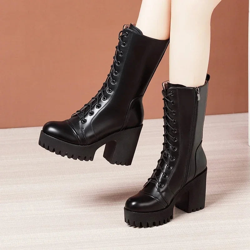 10cm Small Size 32-43 Fall Winter Genuine Leather Boots Platform Shoes 2026 Womens Block High Heels Mid Leg Boots Office Model