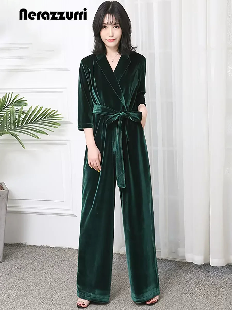 Nerazzurri Spring Autumn Long Soft Flowy Red Velvet Jumpsuit Women with Sleeves Sashes Maxi Black Wide Leg Floor Length Clothes