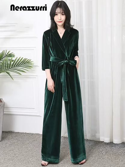 Nerazzurri Spring Autumn Long Soft Flowy Red Velvet Jumpsuit Women with Sleeves Sashes Maxi Black Wide Leg Floor Length Clothes