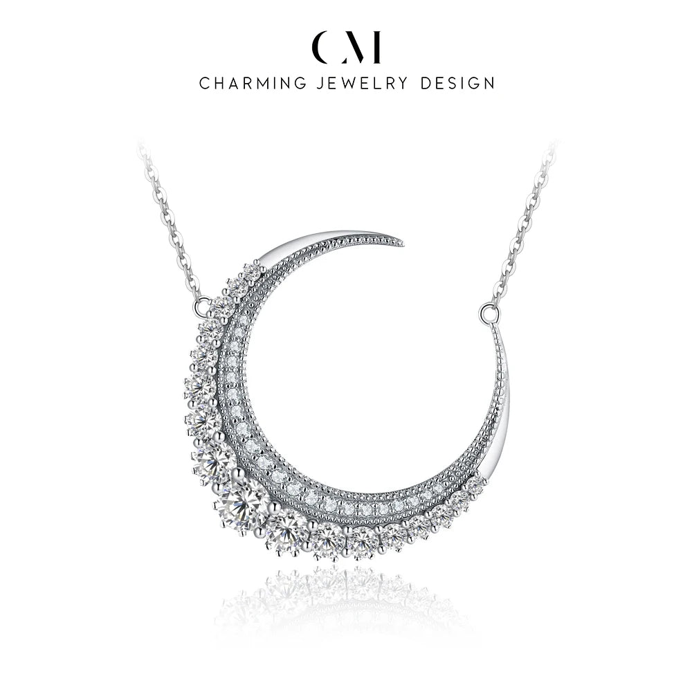 CHARMING Luxury Moon D VVS1 Moissanite Necklace 925 Sterling Silver for Women Daily Jewelry Birthday Gift Engagement Anniversary
