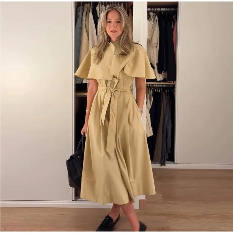Women's Trench Style Midi Dress Stand Collar Cape Overlay Short Sleeve Belted Waist A‑Line Dresses Autumn Elegant Office Outfits