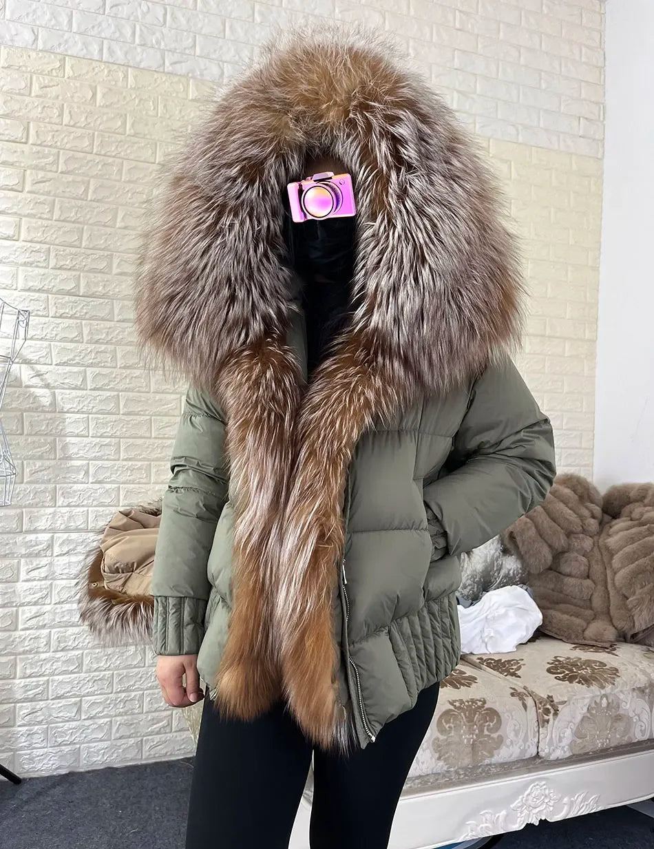 MMK 2023 Winter Women Warm White Duck Down Jacket Natural Real Fox Fur Collar Hood Puffer Coat Thick Luxury Outerwear