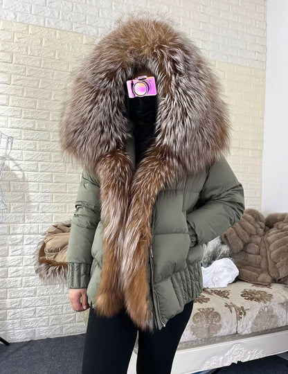 MMK 2023 Winter Women Warm White Duck Down Jacket Natural Real Fox Fur Collar Hood Puffer Coat Thick Luxury Outerwear