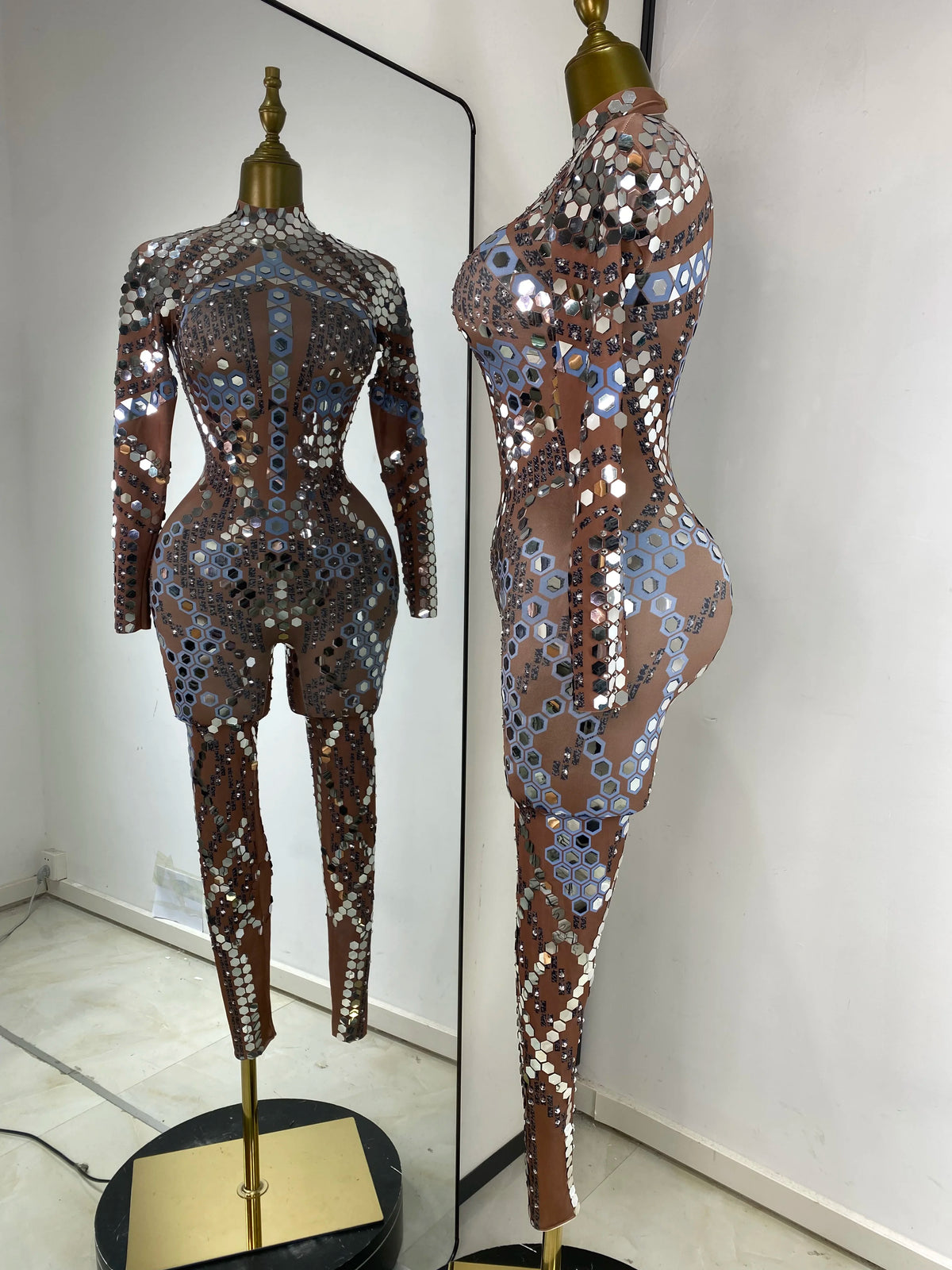 Women Performance Costumes Printed Sequines Rhinestones Spandex High Elastic Bodycon Jumpsuits Nightclub Evening Party Dress
