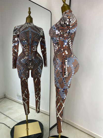 Women Performance Costumes Printed Sequines Rhinestones Spandex High Elastic Bodycon Jumpsuits Nightclub Evening Party Dress
