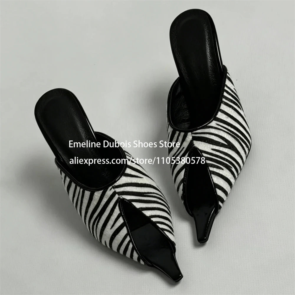 Zebra Print Faux Pony Hair Cutout High Heel Sandals Women Pointed Toe Slip on Stilettos Mules Sexy Party Ladies Dress Sandals