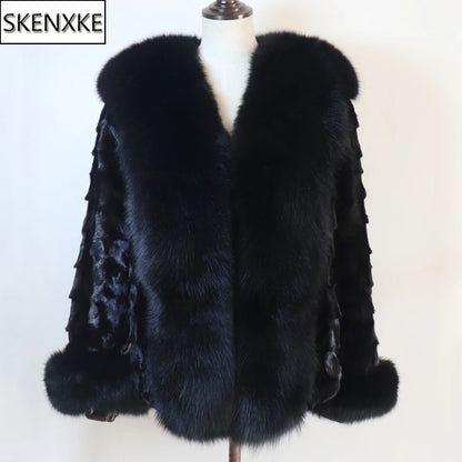 Women's Winter Real Mink Fur Coat with Fox Fur Collar 100% Natural Thick Warm Genuine Jacket Ladies' Outerwear