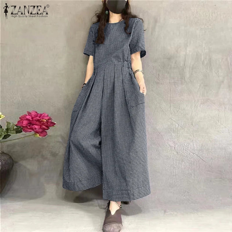 ZANZEA Short Sleeve Checked Wide Leg Overalls Pleated Waist O Neck Loose Casual Gingham Jumpsuits 2024 Fashion Women Long Romper