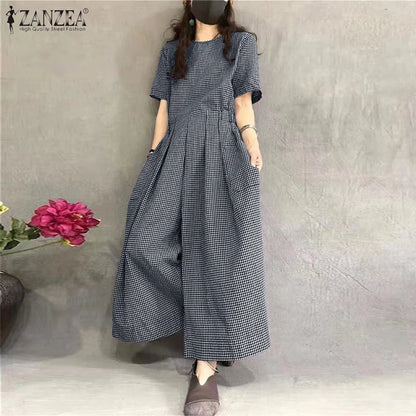 ZANZEA Short Sleeve Checked Wide Leg Overalls Pleated Waist O Neck Loose Casual Gingham Jumpsuits 2024 Fashion Women Long Romper