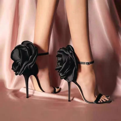 New One Word Buckle with Back Bag Flower Sandals for Women, Sexy Banquet and Fashion Show, Ultra Fine High Heels for Women
