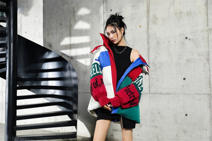 Streetwear Letter Stitching Fashion Down Jacket Women's New Hooded Parka Loose Winter Down Coat Female Thick Casual Warm Clothes