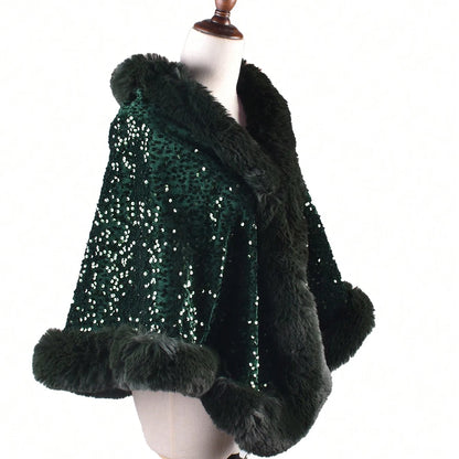 1PC Shiny Sequin Plush Shawl for Women Party Warmth Versatile Faux Fur Collar Blingbling Fashionable Shawl