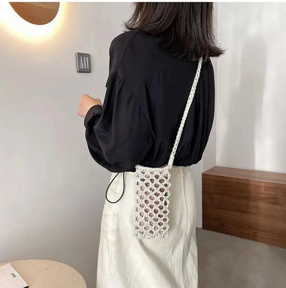 Hollow-out Woven Crochet Small Crossbody Phone Bag Women Fashion Solid Color Lightweight Braided Shoulder Handbag Crossbody Bags
