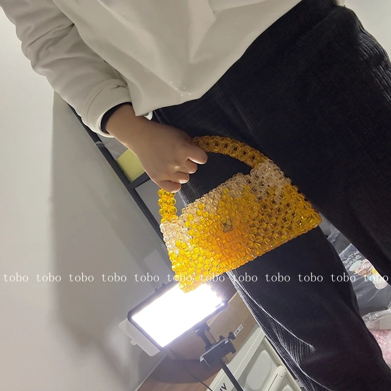 Gradient Blue Beaded Own Design Tote Bags for Women Customized Color Fashion Handbags for 2022 Chain Handle Clutch Evening Bag