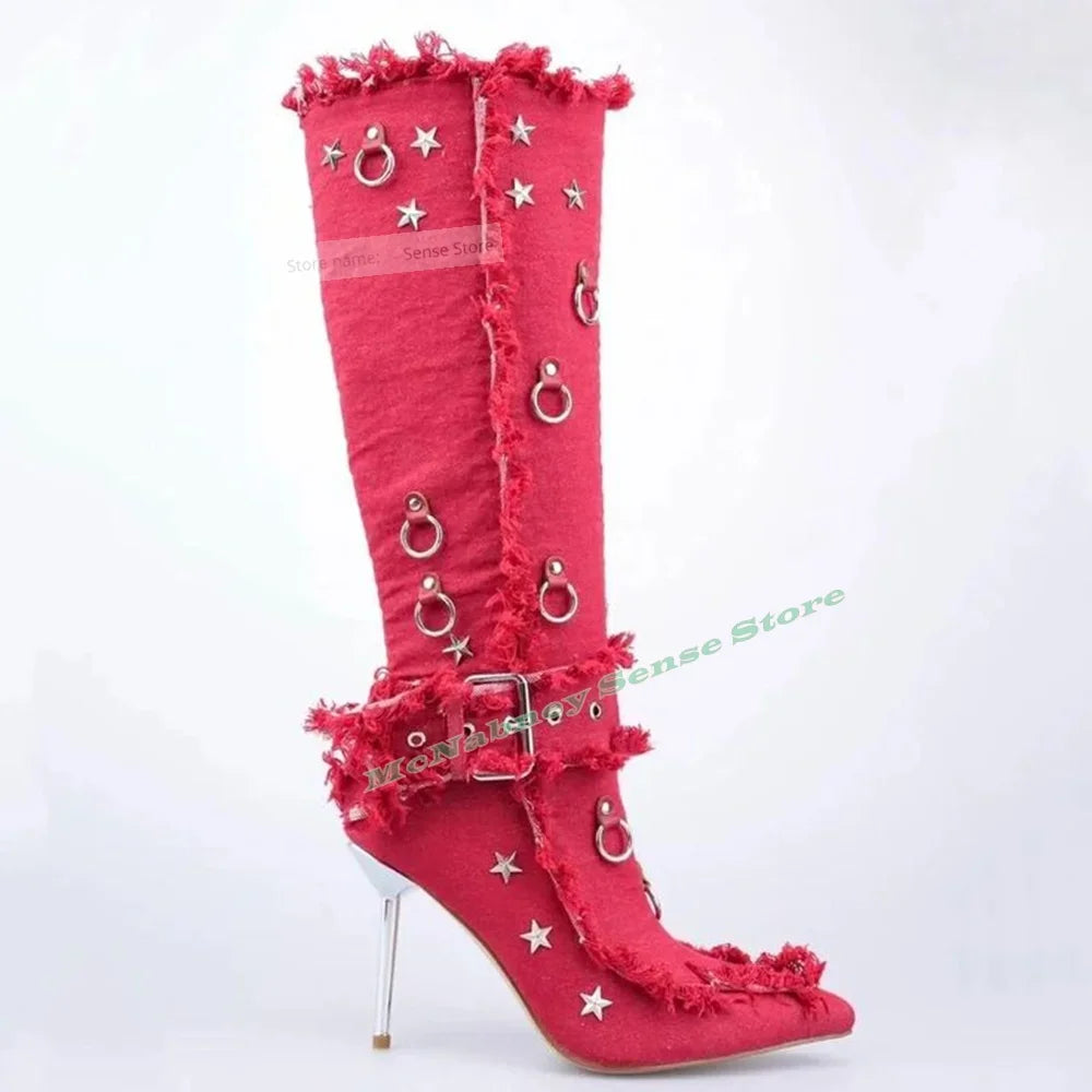 Cotton Fabric Stars Boots Pointy Toe Solid Metal Thin High Heels Buckles Straps Boots Knee High New Style Women Shoes Autumn