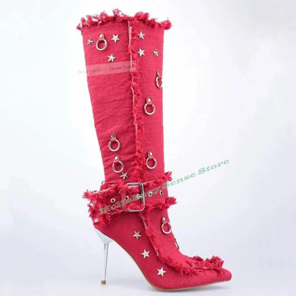 Cotton Fabric Stars Boots Pointy Toe Solid Metal Thin High Heels Buckles Straps Boots Knee High New Style Women Shoes Autumn