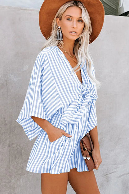 Summer waist slimming striped jumpsuit for women, European and American foreign trade deep V flared sleeve three quarter pants