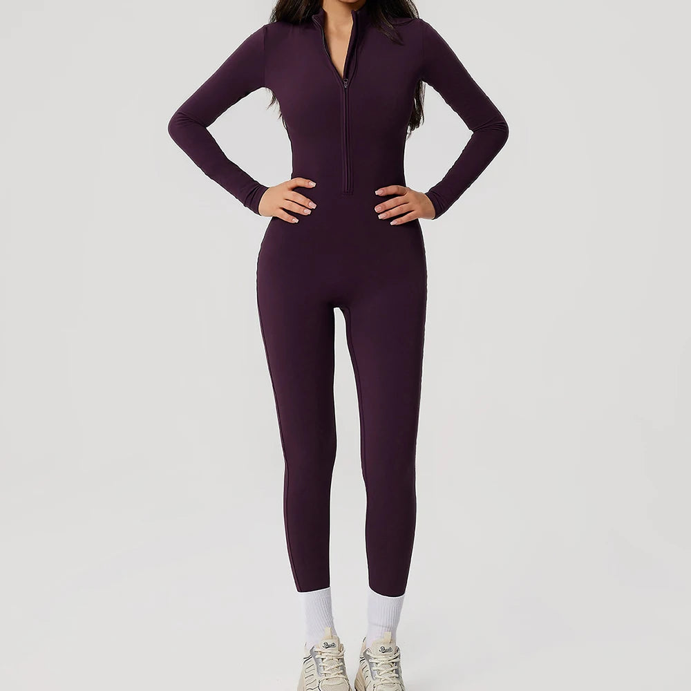 Yoga Boilersuit Long Sleeved Women's Sportswear Gym Zipper Jumpsuits Workout High-intensity Fitness One-piece Skin-tight Garment
