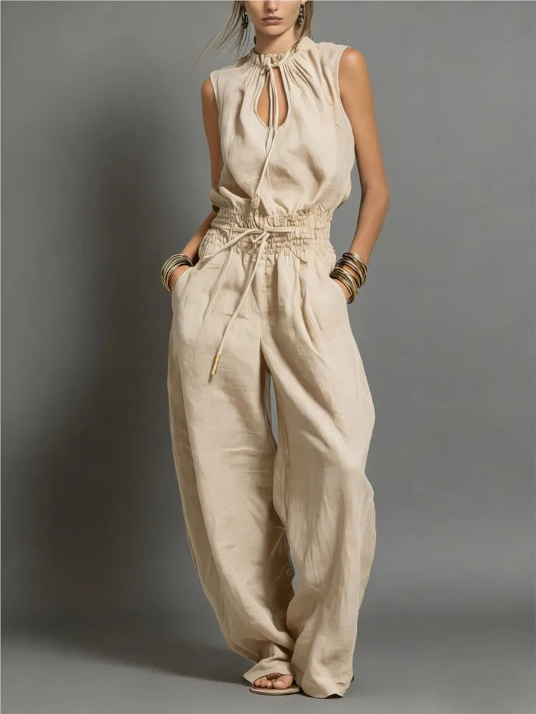 Summer Fashion Elastic Waisted Wide Leg Jumpsuit Women's Sleeveless Sexy Deep V-Neck Lace-up Loose Pockets Female Rompers 2026