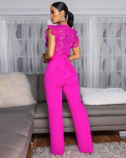 Women's Jumpsuit Elegant Lace V Neck Short Sleeve High Waisted Wide Leg Rompers Sports Fitness Party Banquet Jumpsuites Sexy Y2K