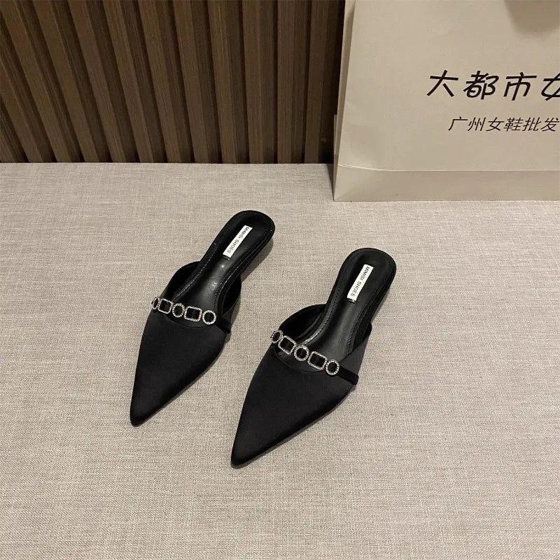 2025 New Luxury Fashion Rhinestones Ladies Heeled Slippers Sandals Shoes Female Low Heel Slides Slippers Shoes for Women Mules
