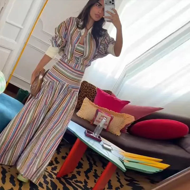 Elegant Colorful Stripe Shirt Skirt Set Women 2026 Puff Sleeve Lapel Shirts High Waist Long Skirts Autumn Lady All-matching Suit