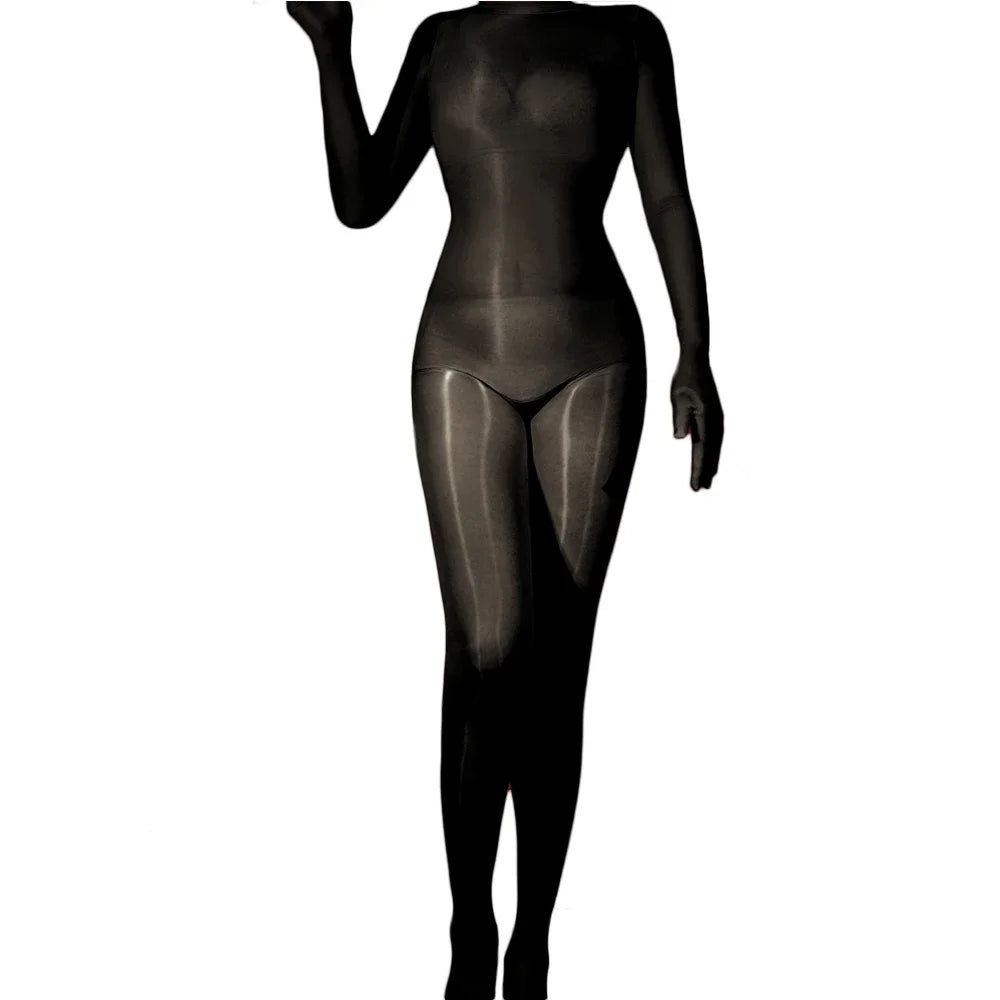 Sexy Women Five Fingers Glove Sleeve Bodysuit One Pieces Seamless Silky Oil Shiny Glossy Tights Pantyhose Yoga Shaping Jumpsuits