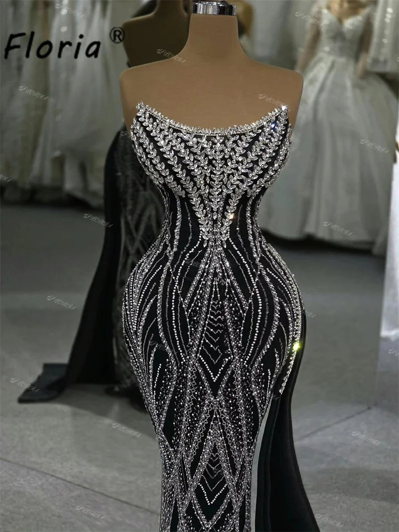 Contrast Black Silver Crystal Mermaid Formal Party Dress Sexy Sleeveless Beaded Evening Dresses Robe de soiree Elegant Customize