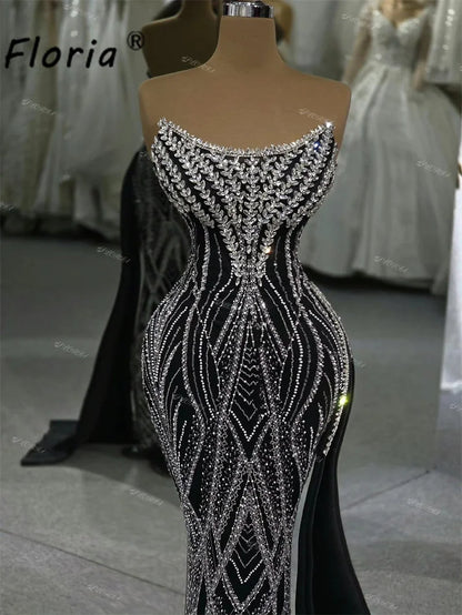 Contrast Black Silver Crystal Mermaid Formal Party Dress Sexy Sleeveless Beaded Evening Dresses Robe de soiree Elegant Customize