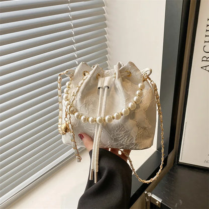 Sweet Butterfly Women Drawstring Bucket Shoulder Bags Versatile Ladies Crossbody Bag Clutch Fashion Girls Pearl Chain Handbags