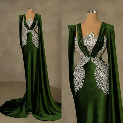 Stylish Mermaid Evening Dress V Neck Beaded Diamond Prom Gowns Sexy Long Sleeve Floor Length  Party  Dresses Customized