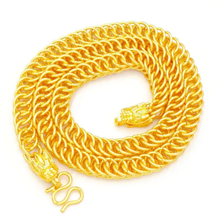 Outdoor Wear-Resistant Dragon Head Double Row Necklace For Men 24K Gold AU999, durable for daily labor and sports