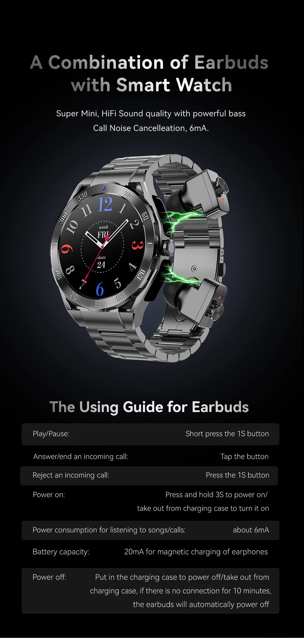 2026 New TWS 2-in-1 Smart Watch Earphones 1.43 "AMOLED Screen with Heart Rate Sleep Monitoring Music Player NFC IP67 Smartwatch