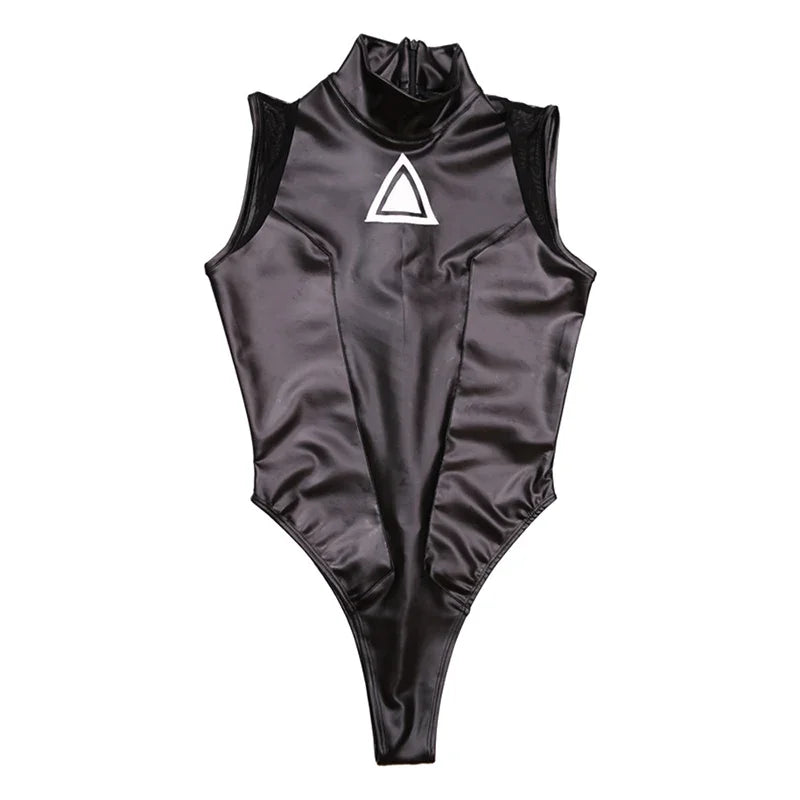 Women Sexy PU Leather Bodysuits Sleeveless Mesh Stitching Faux Latex Bodycon Jumpsuits Ladies Nightclub Cosplay Rompers Custom