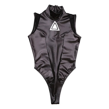 Women Sexy PU Leather Bodysuits Sleeveless Mesh Stitching Faux Latex Bodycon Jumpsuits Ladies Nightclub Cosplay Rompers Custom