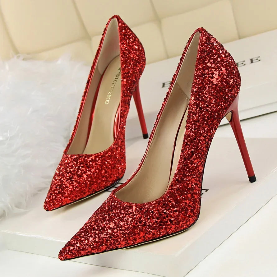 Women Luxury Bling Red  Blue Valentine Party Scarpins Pumps Lady Glitter Sequins 7cm 9.5cm High Heels Designer Shoes Plus Size