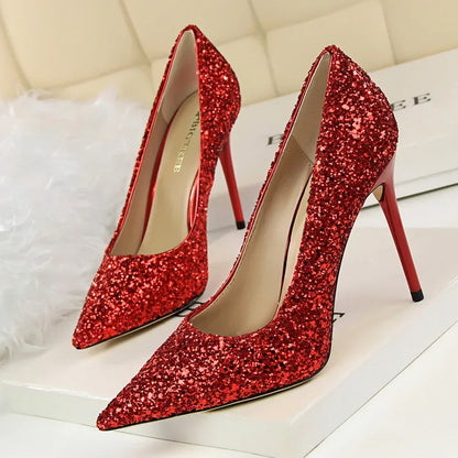 Women Luxury Bling Red  Blue Valentine Party Scarpins Pumps Lady Glitter Sequins 7cm 9.5cm High Heels Designer Shoes Plus Size