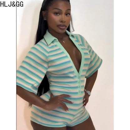 HLJ&GG Green Sexy Deep V Stripe Ribber Bodycon One Piece Rompers Women Short Sleeve Slim Jumpsuits Fashion Party Club Overalls