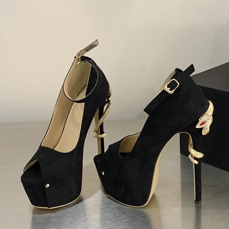 Liyke Sexy Metal Snake Shape Thin Heeled Sandals Women Peep Toe Buckle Strap Platform High Heels Party Stripper Shoes Size 35-42