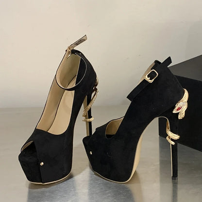 Liyke Sexy Metal Snake Shape Thin Heeled Sandals Women Peep Toe Buckle Strap Platform High Heels Party Stripper Shoes Size 35-42