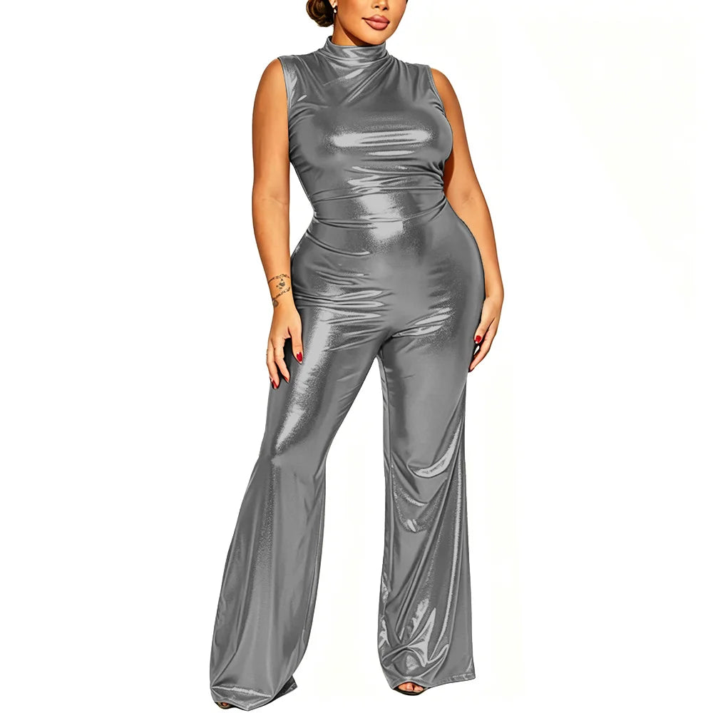 Plus Size Nightclub Wear Jumpsuit Shiny Metallic Sleeveless Women Elegant Jumpsuit Sexy Mock Neck Rompers Wide Leg Long Pants